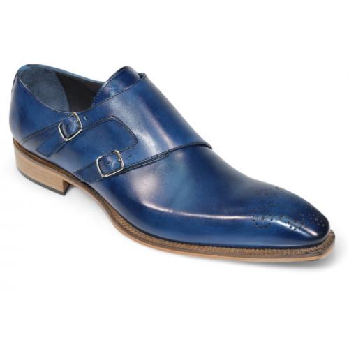 Duca Di Matiste "Vergato" Ocean Blue Genuine Italian Calf Leather Monk Strap Dress Shoes.